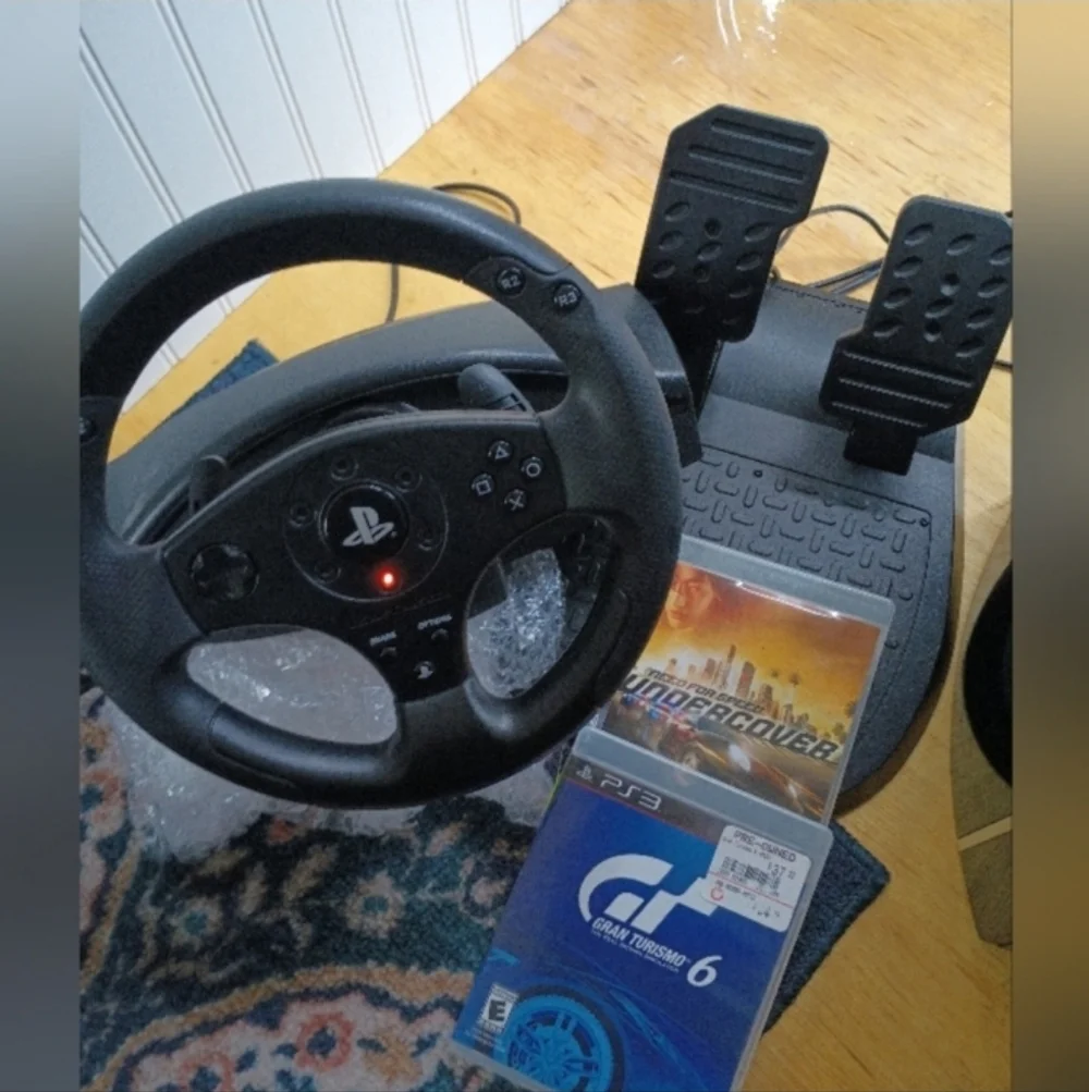 Playstation 3, steering pedals, games, and more.